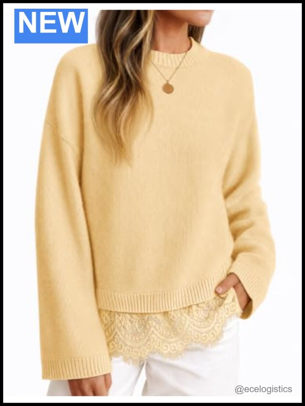 Lace Trim Pullover Sweater Crew Neck Long Sleeve Soft Knitted Jumper
